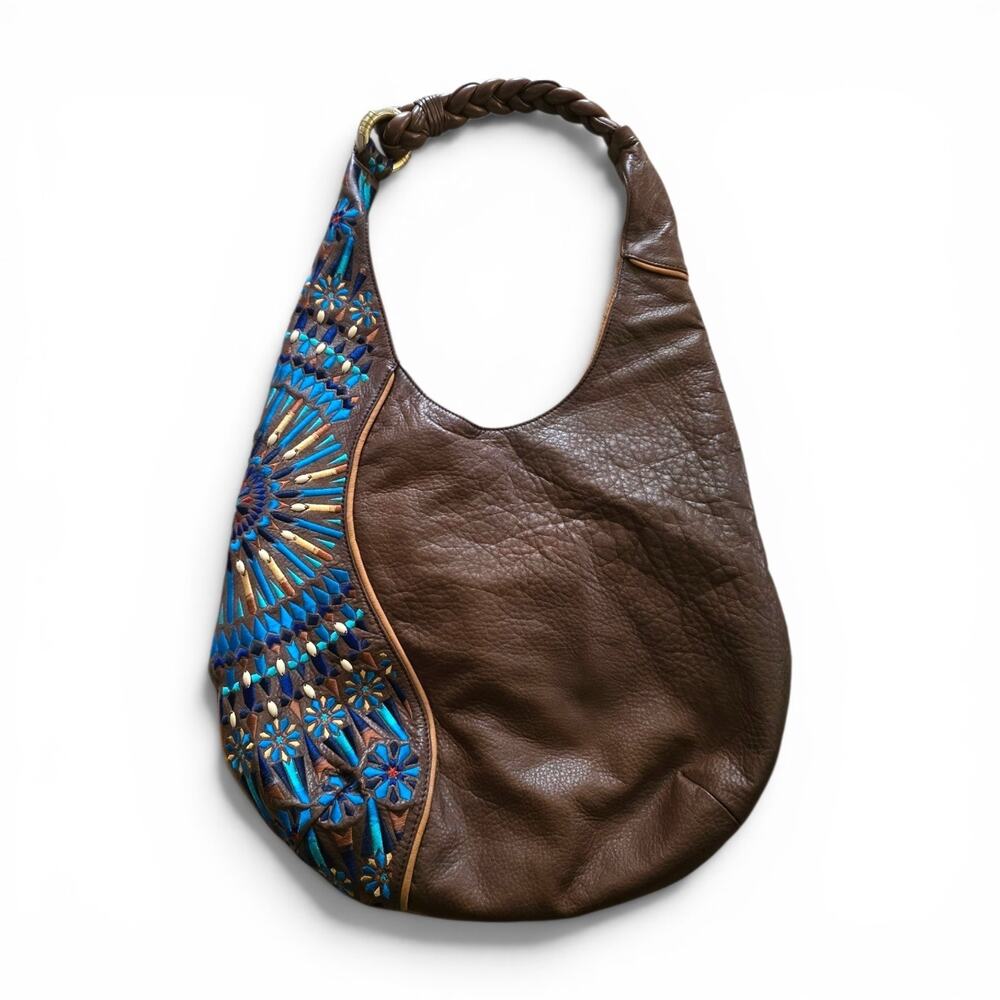 Isabella Fiore Leila Brown Leather Mosaic Embroidered Hobo Purse Shoulder Bag